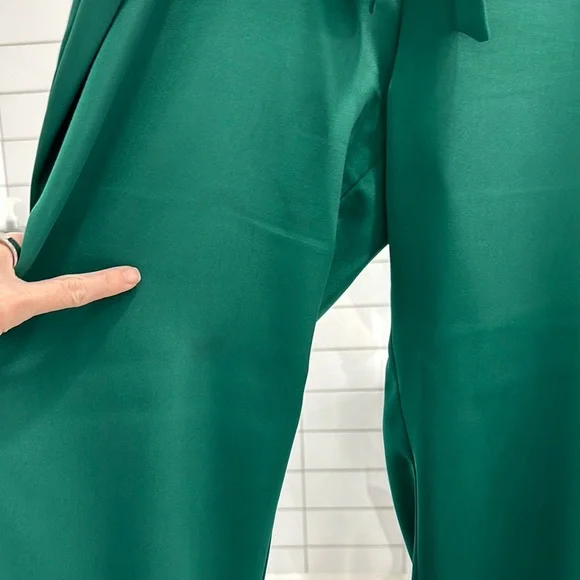 NADINE MERABI Emerald Green Feather Trim Satin Pajama Top - Picture 4 of 6